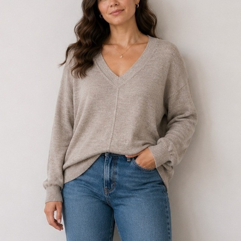 Banana Republic Merino Wool V-Neck Sweater Taupe Cozy Eclectic Grandpa | Size M